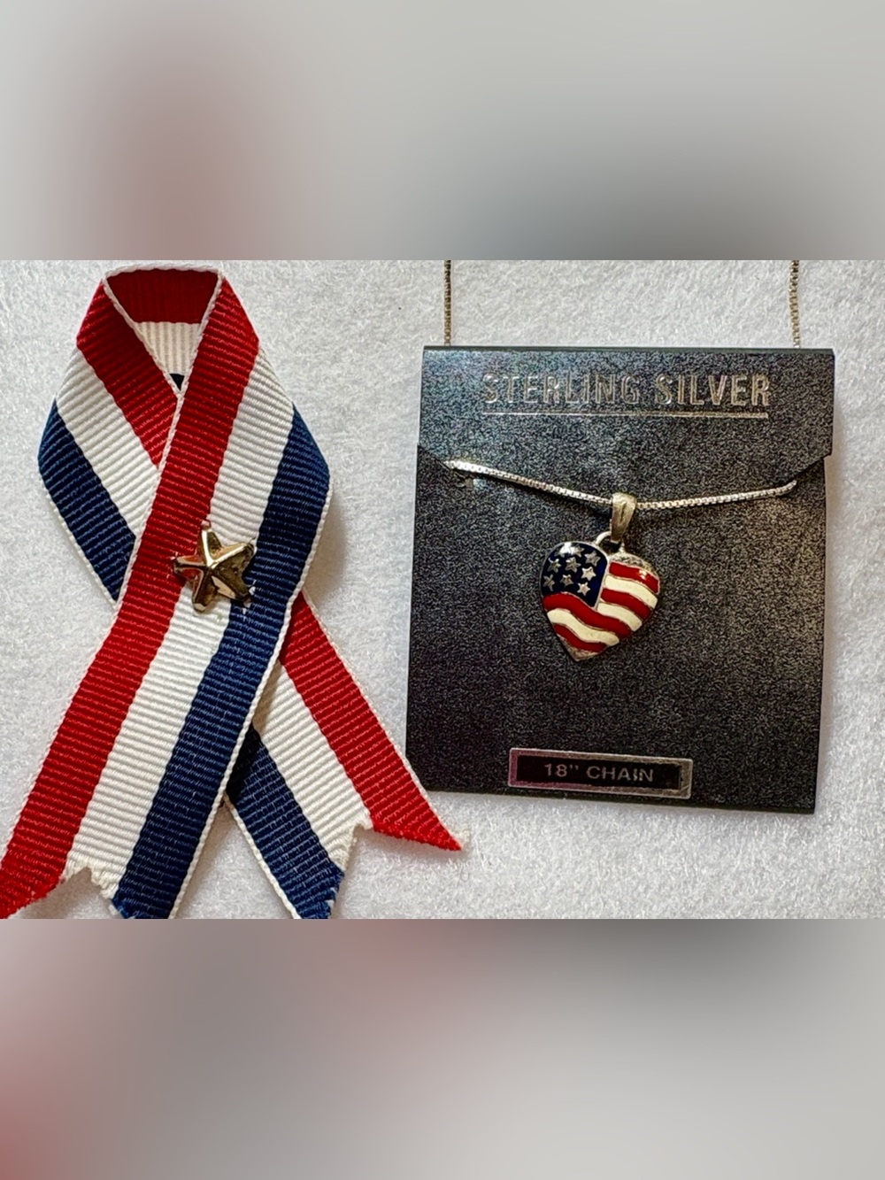Sterling Silver American Flag Heart Pendant Necklace - Red White Blue